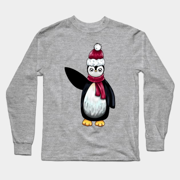 Waving Penguin Long Sleeve T-Shirt by Lady Lilac